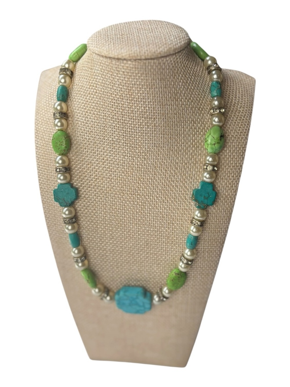 925 Silver Turquoise Pearls & Lime Bead Necklace 18”- 23”